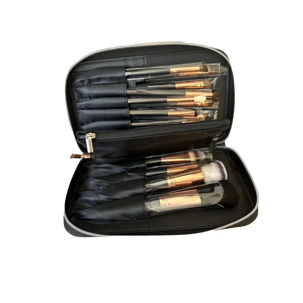 Palmero Makeup Brush Set Full Set 16 Brushes Faux Black Leather Zipper Case NEW